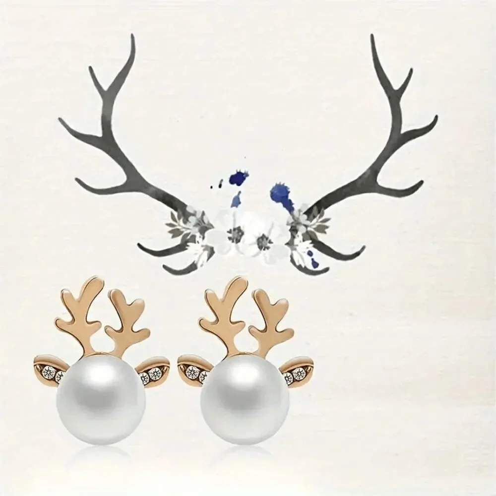 Reindeer Pearl Diamond Gold Plated Stud Earrings